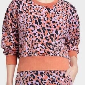 Joy Lab Crop Top Sweatshirt S Crew Leopard Orange Pink Black Size M